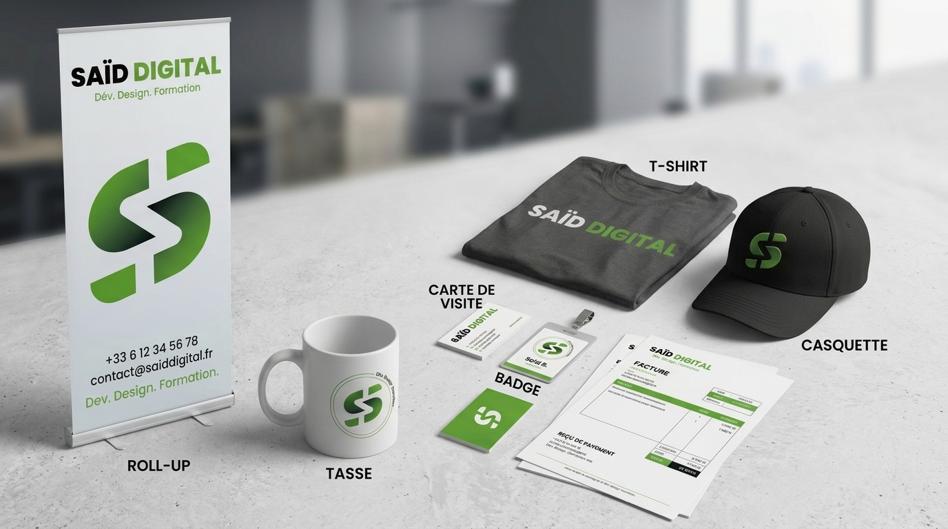 Supports de communication Saïd Digital : roll-up, t-shirt, casquette, carte de visite, badge, tasse et factures
